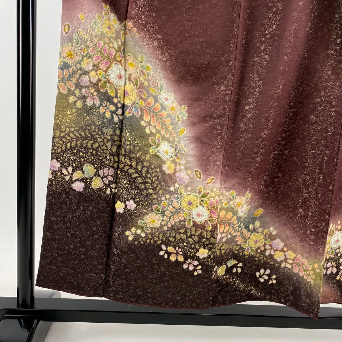 【美品】訪問服 身長157cm 袖長64cm M 雙層 德永憲峯 落款あり 辻花染 金通し 金銀彩 茶紫 純蠶絲 逸品級