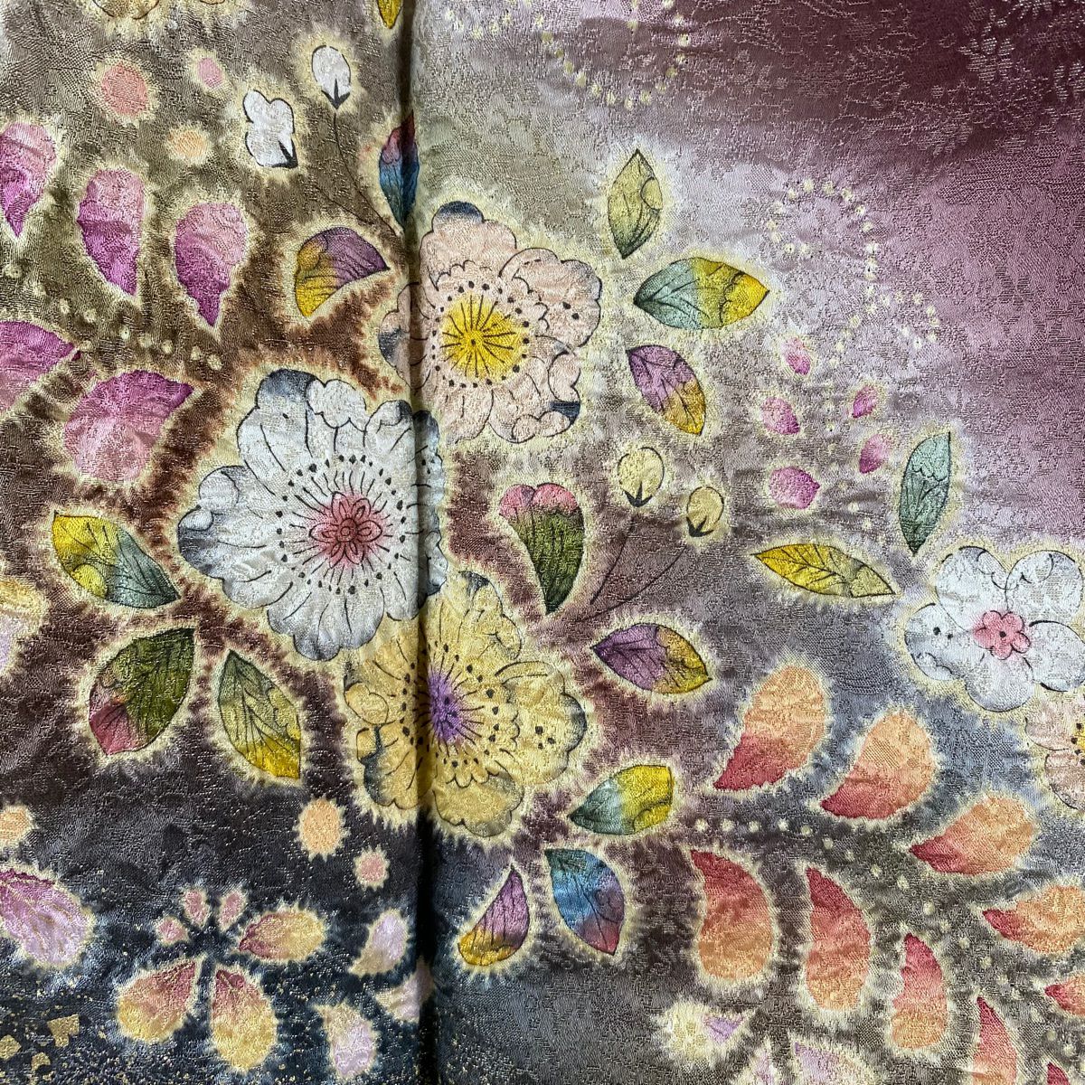 【美品】訪問服 身長157cm 袖長64cm M 雙層 德永憲峯 落款あり 辻花染 金通し 金銀彩 茶紫 純蠶絲 逸品級