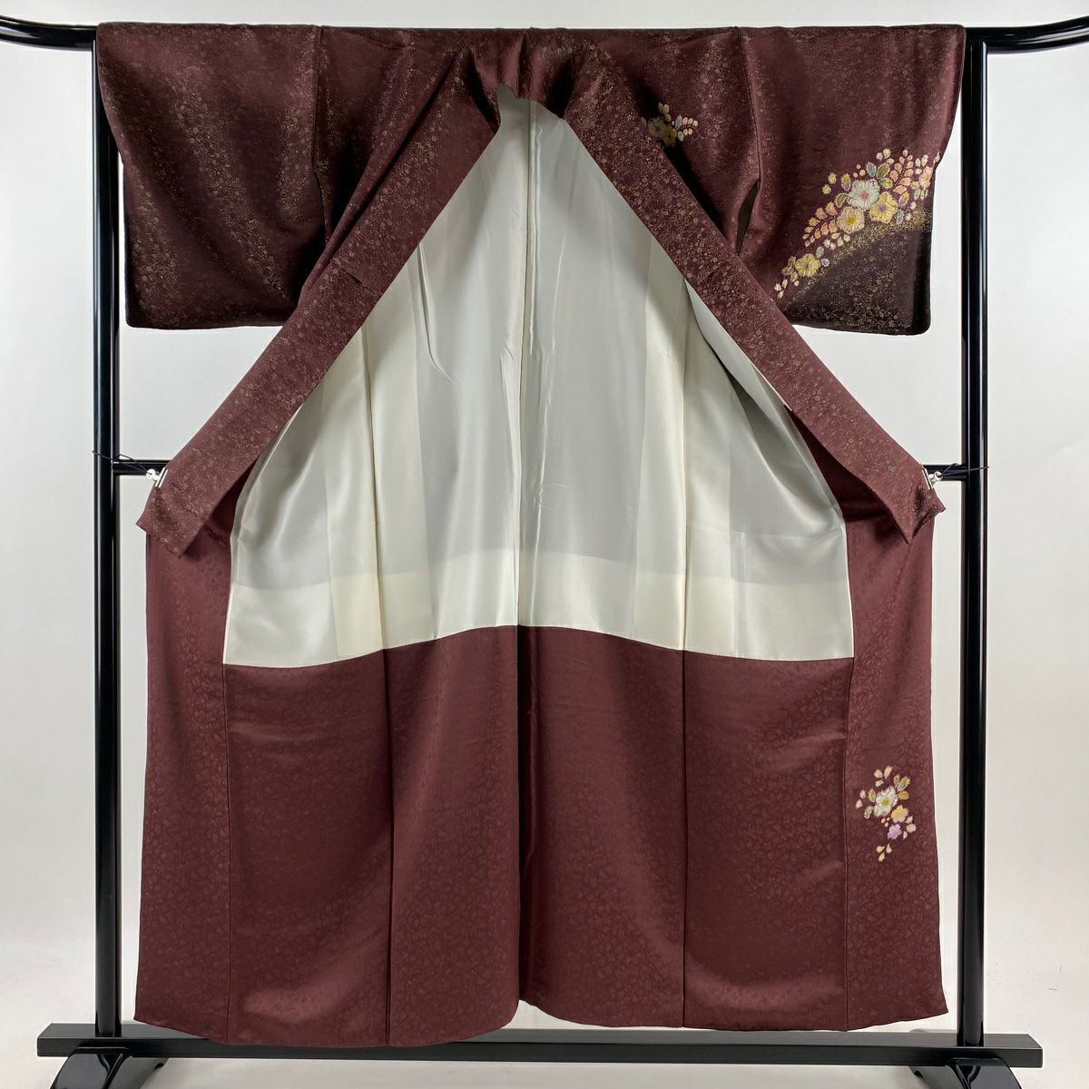 【美品】訪問服 身長157cm 袖長64cm M 雙層 德永憲峯 落款あり 辻花染 金通し 金銀彩 茶紫 純蠶絲 逸品級