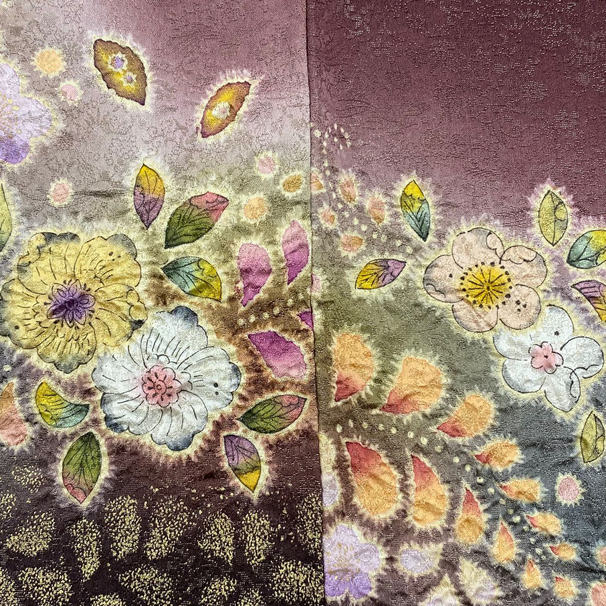 【美品】訪問服 身長157cm 袖長64cm M 雙層 德永憲峯 落款あり 辻花染 金通し 金銀彩 茶紫 純蠶絲 逸品級