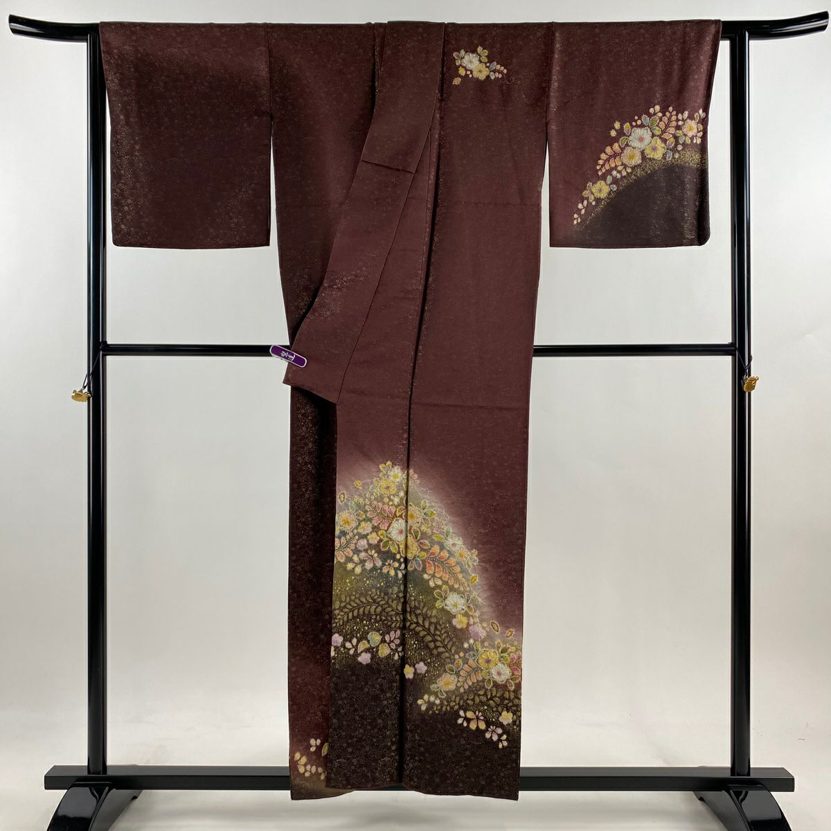 【美品】訪問服 身長157cm 袖長64cm M 雙層 德永憲峯 落款あり 辻花染 金通し 金銀彩 茶紫 純蠶絲 逸品級