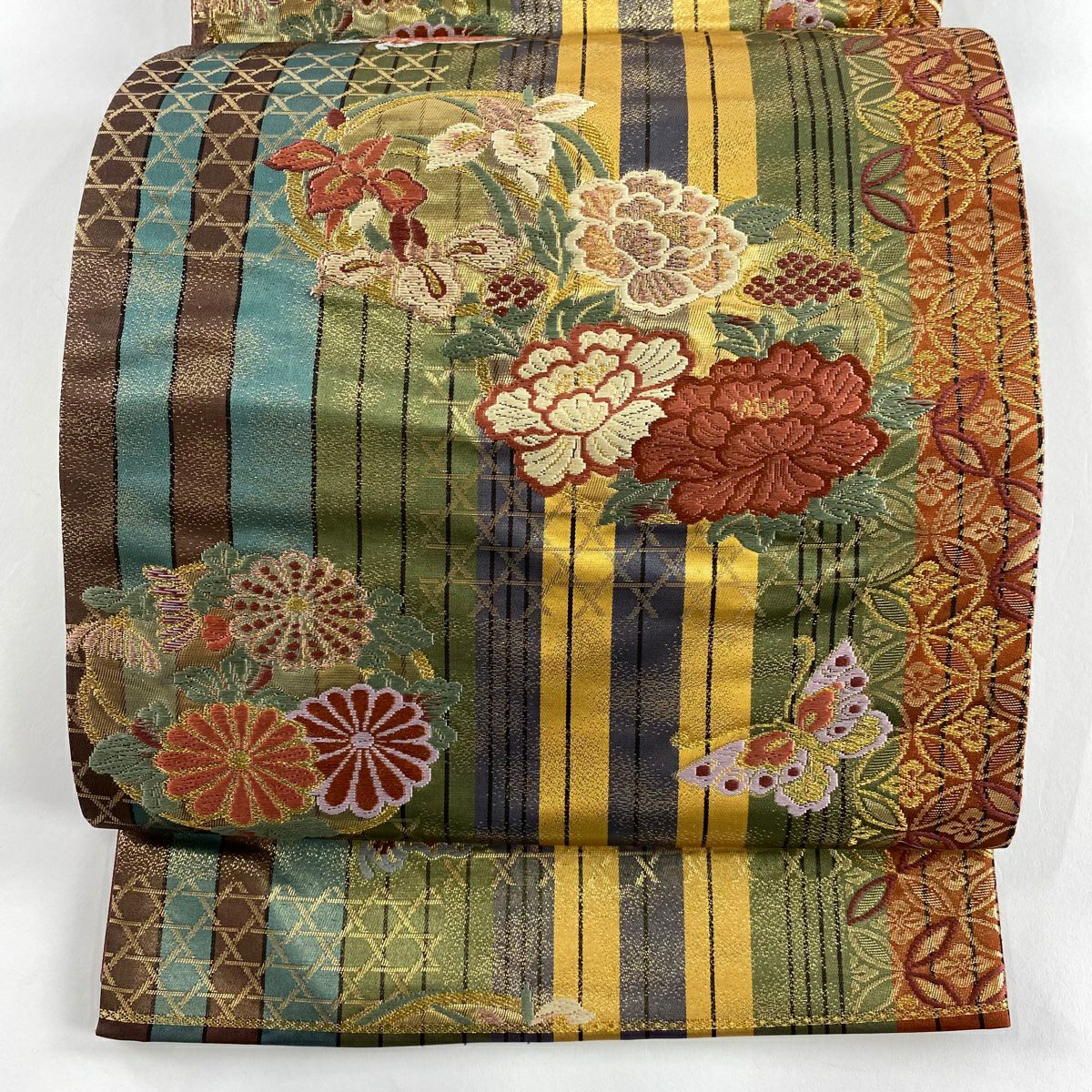 【美品】 袋帶 秀品級 關西仕立 花丸紋 蝴蝶 刺繡 金金箔 灰綠 六通 純蠶絲