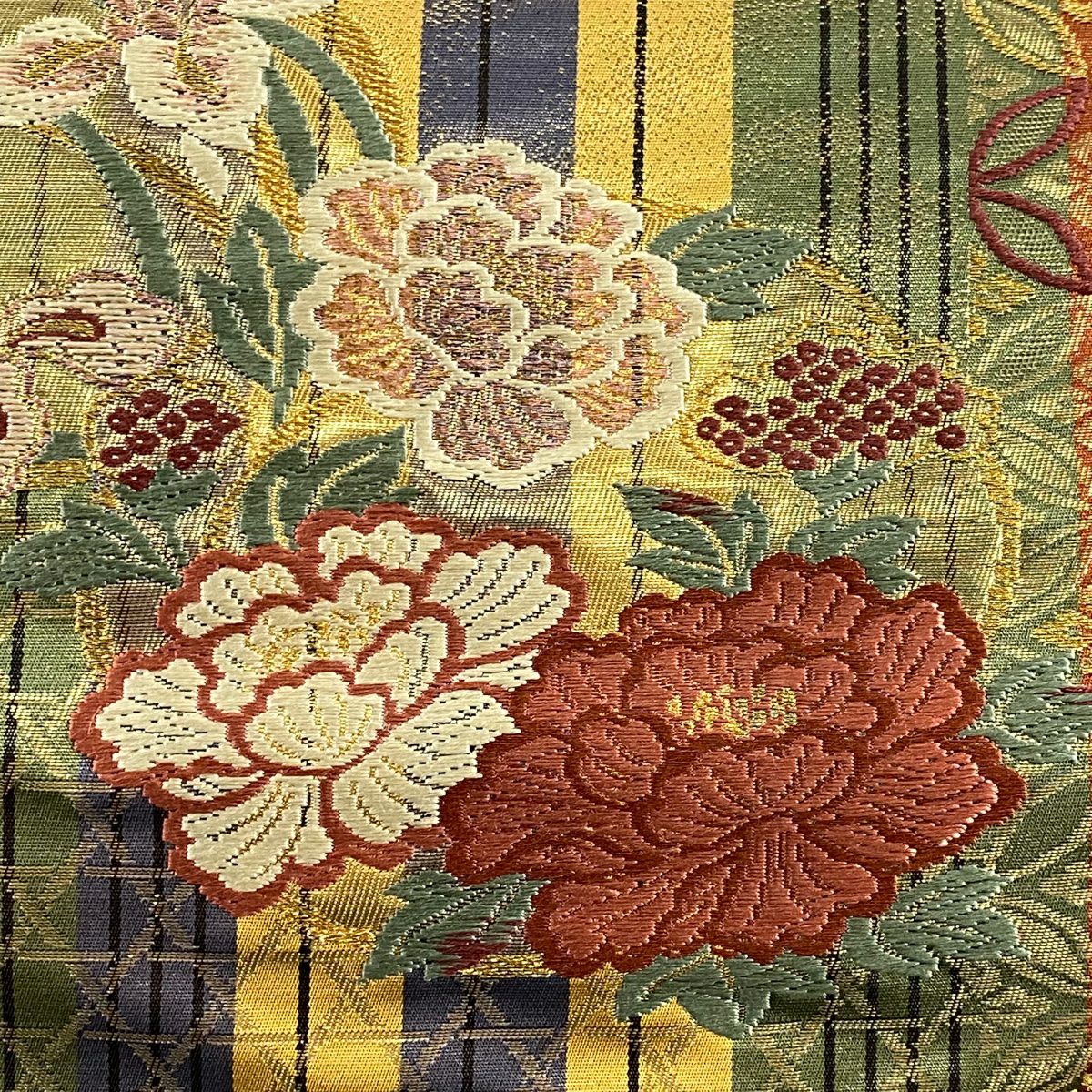【美品】 袋帶 秀品級 關西仕立 花丸紋 蝴蝶 刺繡 金金箔 灰綠 六通 純蠶絲