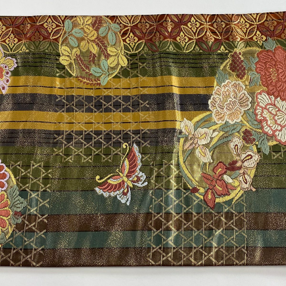 【美品】 袋帶 秀品級 關西仕立 花丸紋 蝴蝶 刺繡 金金箔 灰綠 六通 純蠶絲