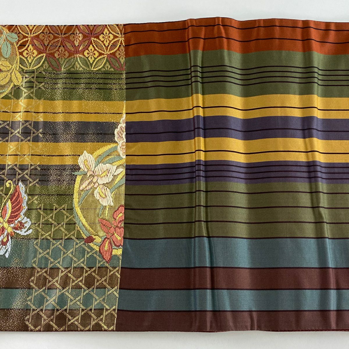 【美品】 袋帶 秀品級 關西仕立 花丸紋 蝴蝶 刺繡 金金箔 灰綠 六通 純蠶絲
