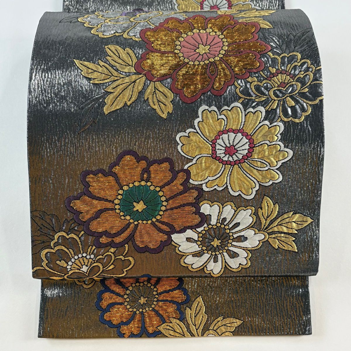 【美品】 袋帶 秀品級 草花紋紋 金銀彩 金金箔 銀 六通 純蠶絲