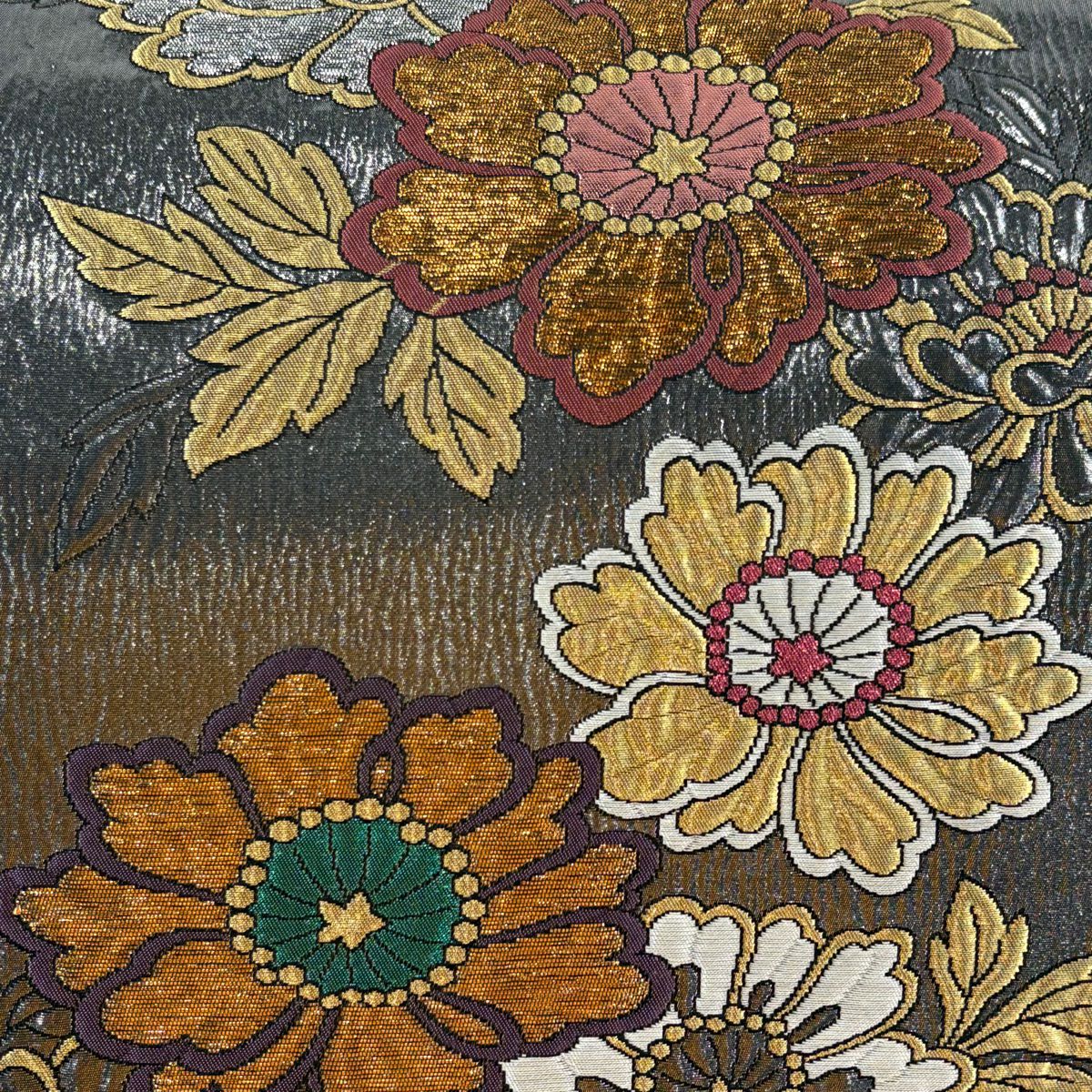 【美品】 袋帶 秀品級 草花紋紋 金銀彩 金金箔 銀 六通 純蠶絲