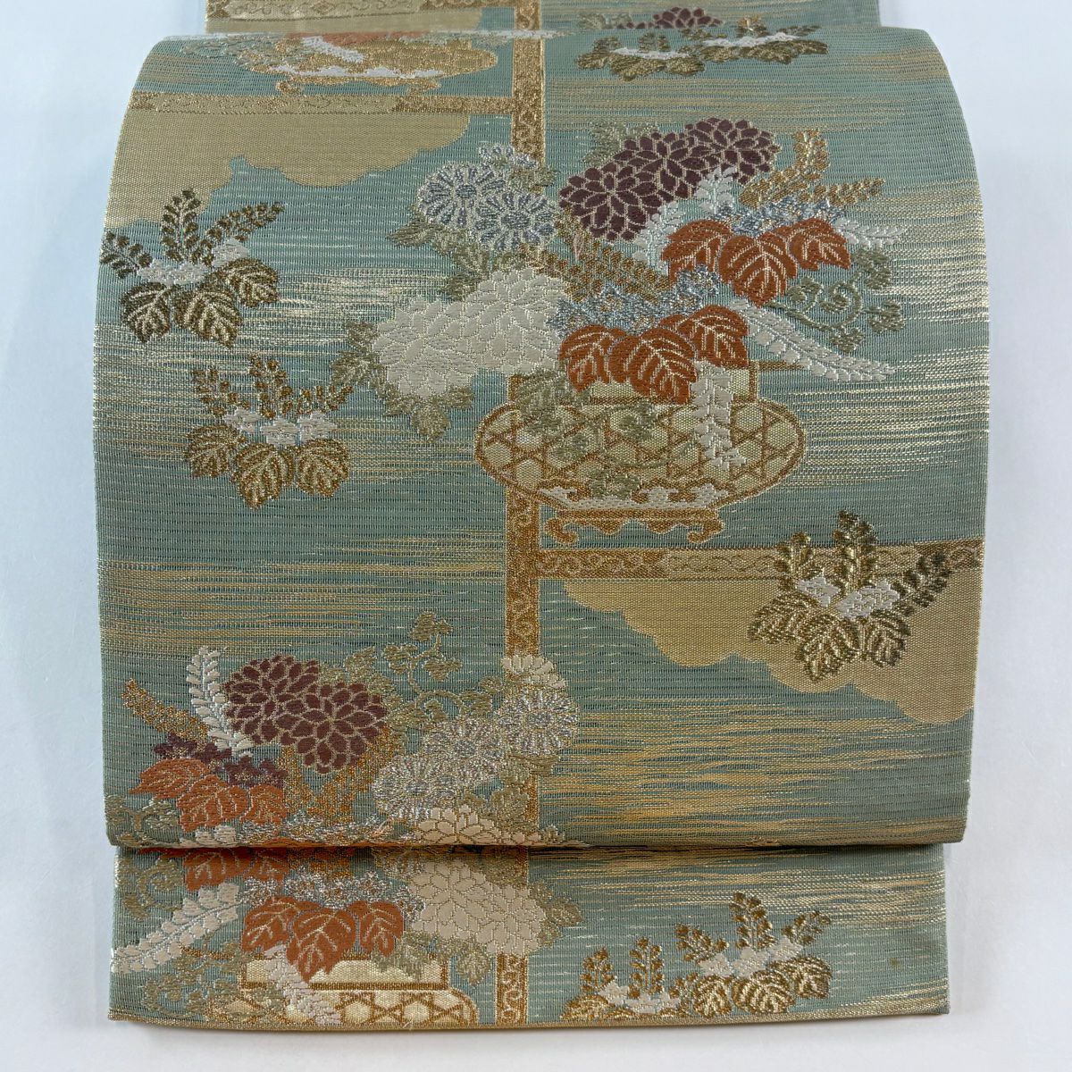 袋帶 秀品級 花器 雲文 金銀彩 刺繡 灰綠 六通 純蠶絲
