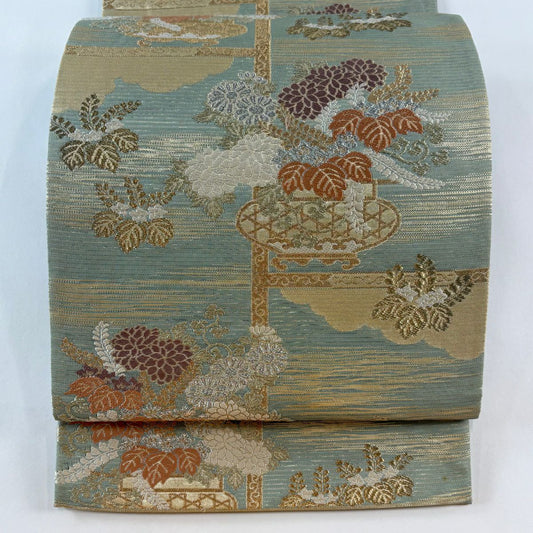 袋帶 秀品級 花器 雲文 金銀彩 刺繡 灰綠 六通 純蠶絲