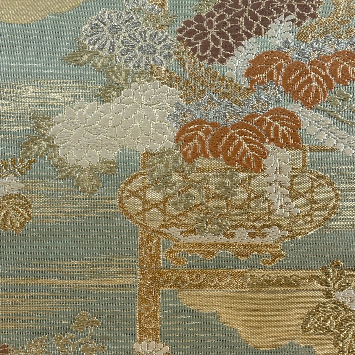 袋帶 秀品級 花器 雲文 金銀彩 刺繡 灰綠 六通 純蠶絲