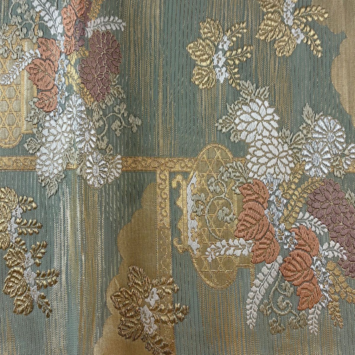 袋帶 秀品級 花器 雲文 金銀彩 刺繡 灰綠 六通 純蠶絲