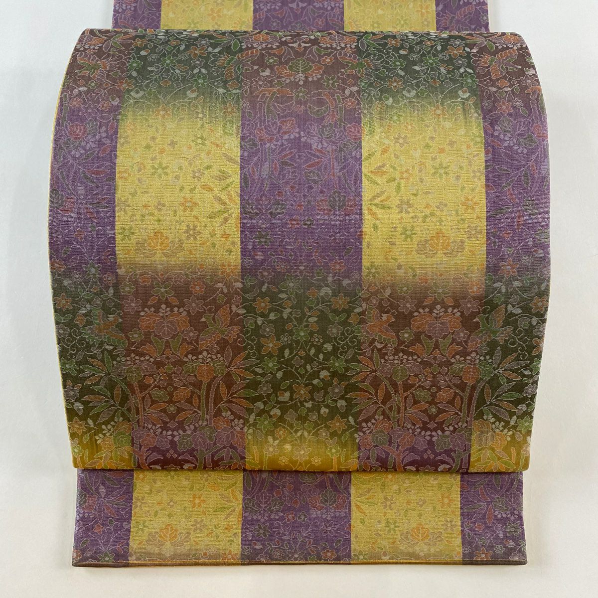 【美品】 袋帶 秀品級 關西仕立 花唐草紋 鳥 紫 全通 純蠶絲