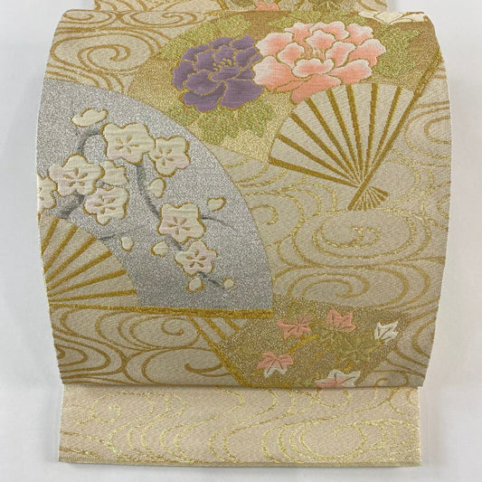 袋帶 秀品級 關西仕立 扇子 草花紋紋 鉑金金箔 金絲 米色 六通 純蠶絲