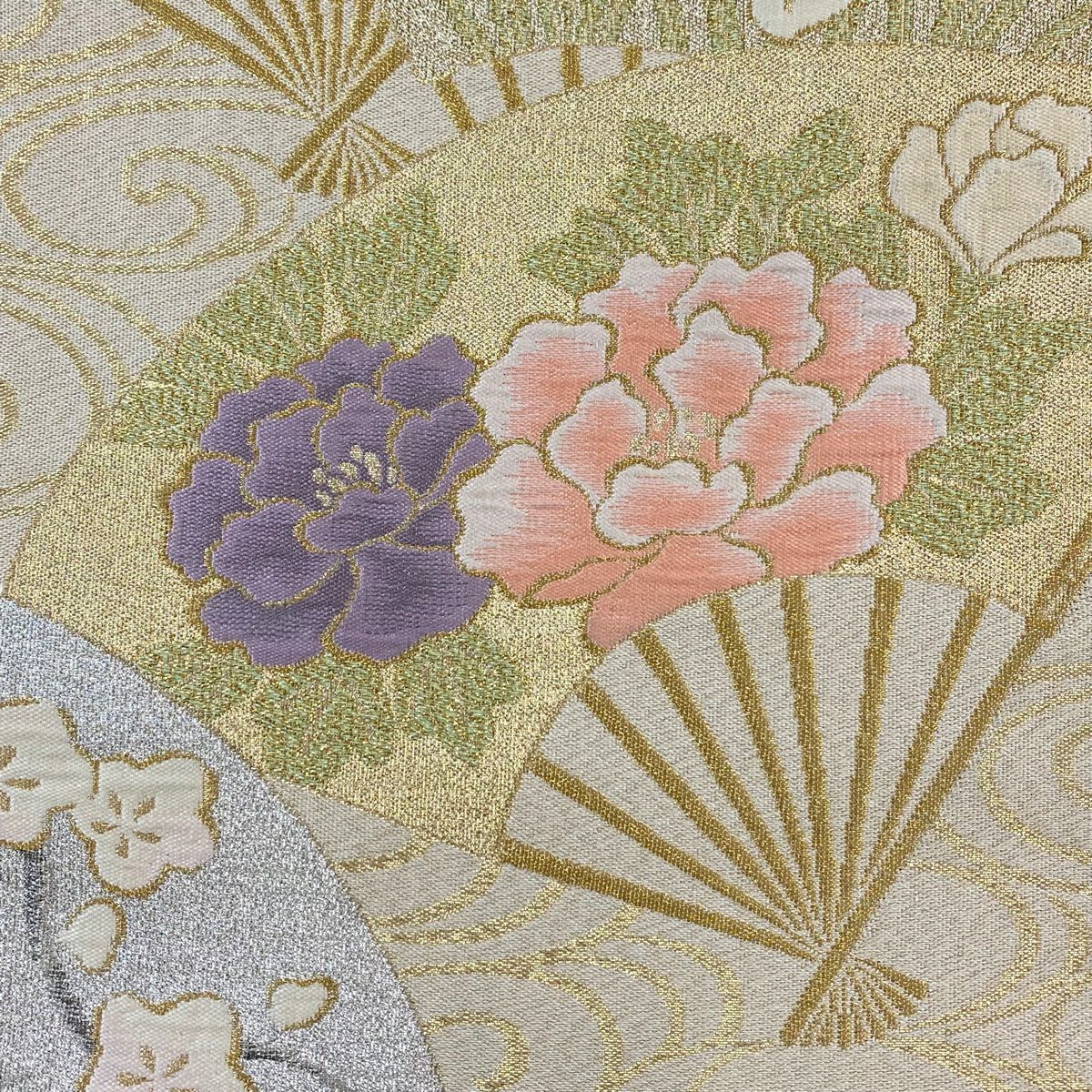 袋帶 秀品級 關西仕立 扇子 草花紋紋 鉑金金箔 金絲 米色 六通 純蠶絲