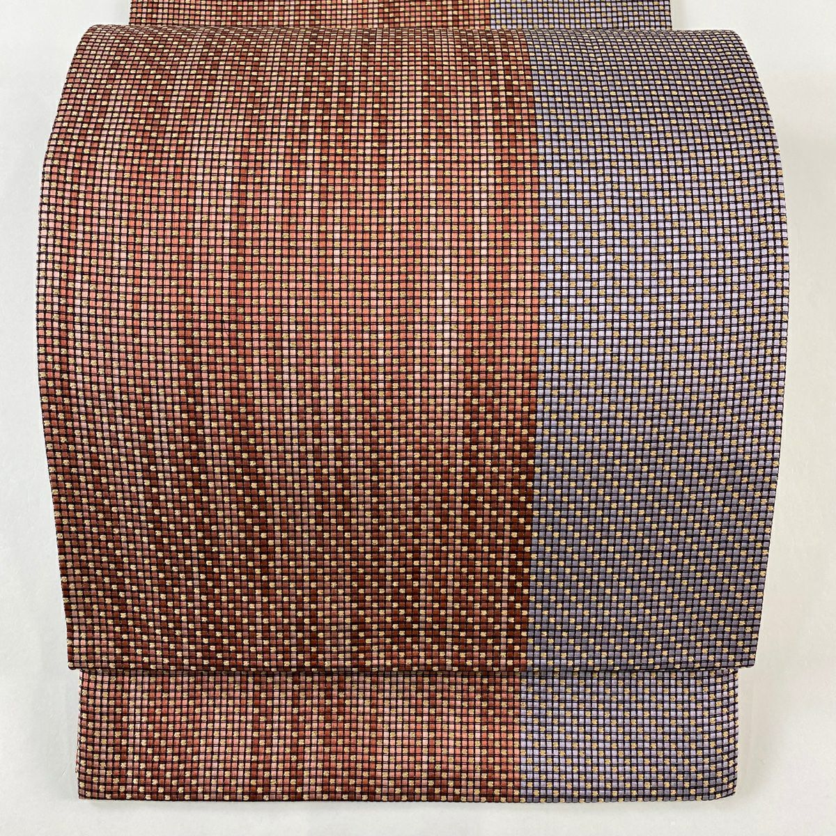 【美品】 袋帶 秀品級 幾何圖案 金金箔 茜色 全通 純蠶絲