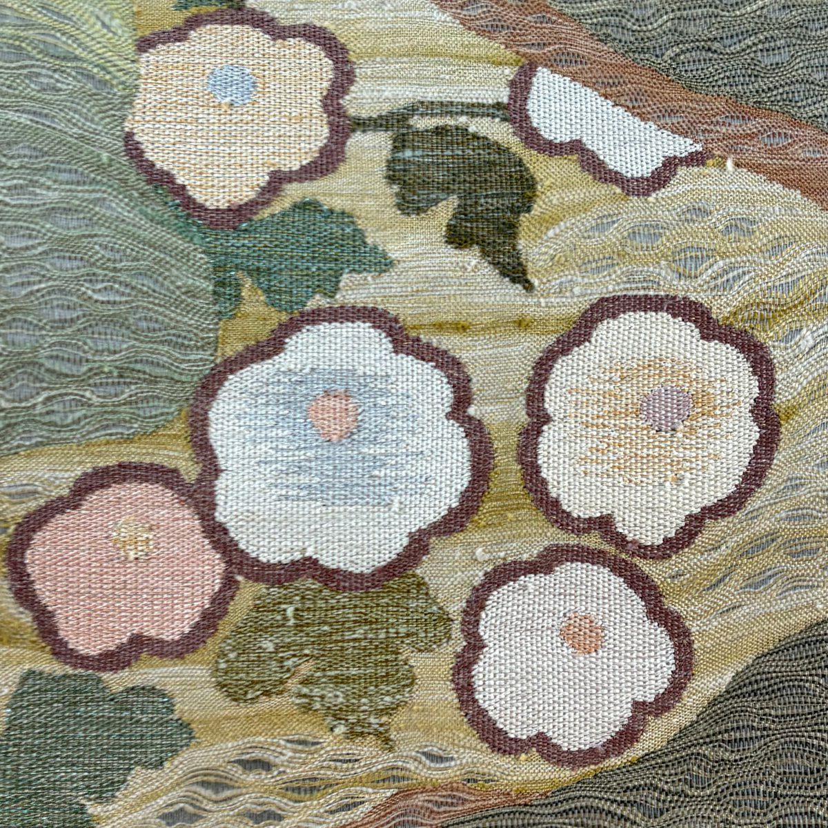 【美品】 袋帶 秀品級 草花紋紋 霞 銀通 金金箔線 灰綠色 大鼓圖案 純蠶絲