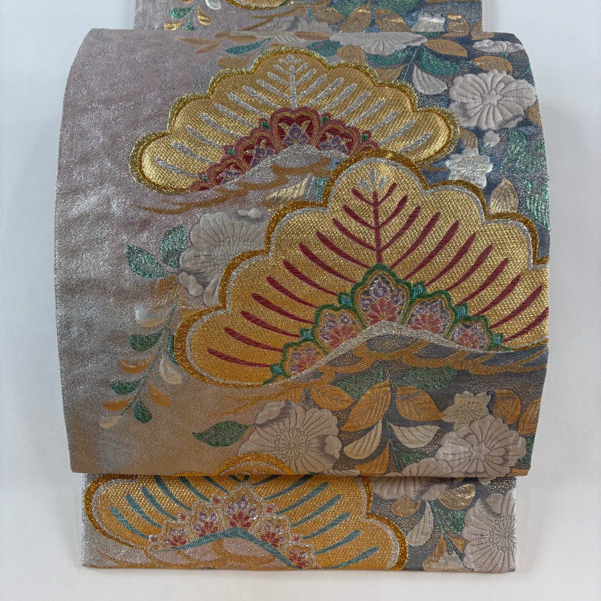 【美品】 袋帶 秀品級 笠松樹 辻花染紋 金絲 金金箔 淺豆色 六通 純蠶絲