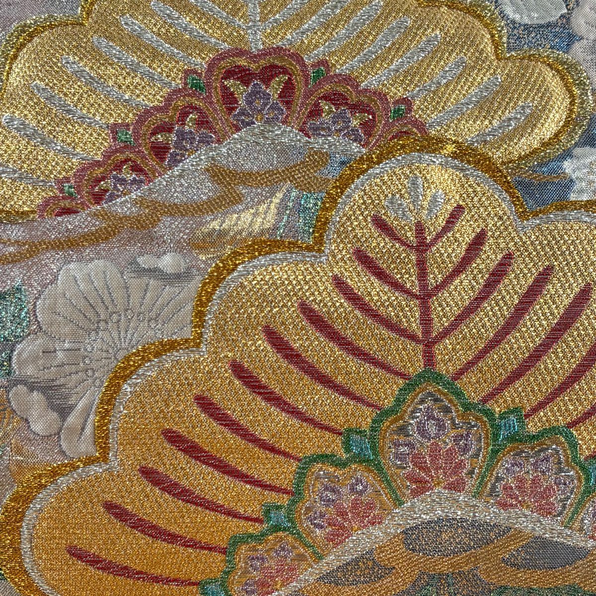 【美品】 袋帶 秀品級 笠松樹 辻花染紋 金絲 金金箔 淺豆色 六通 純蠶絲
