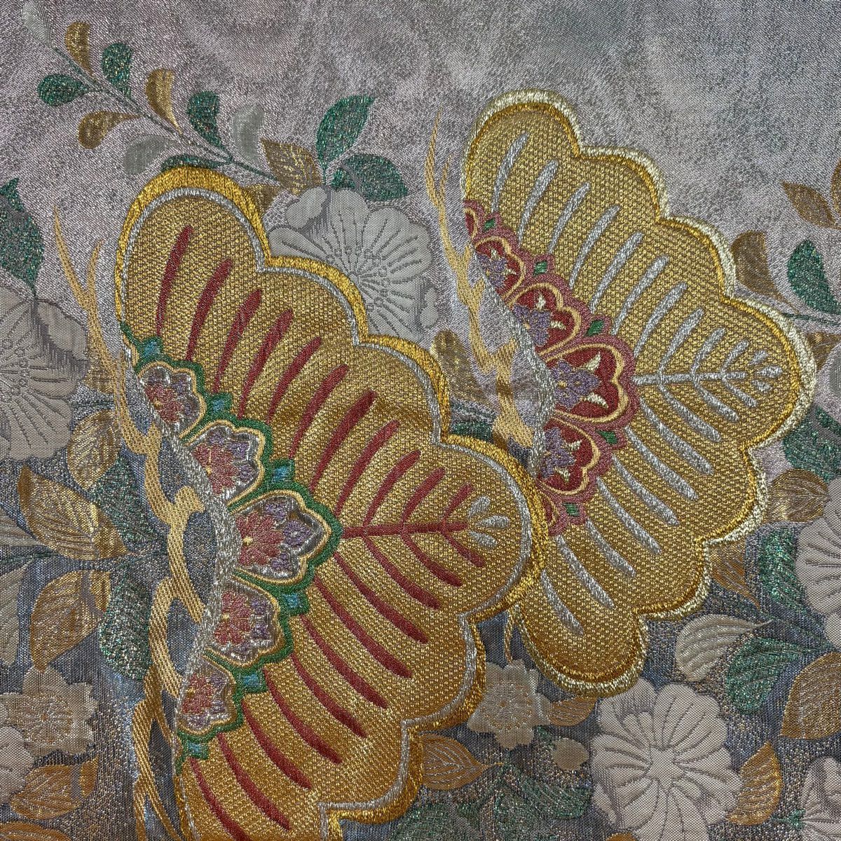 【美品】 袋帶 秀品級 笠松樹 辻花染紋 金絲 金金箔 淺豆色 六通 純蠶絲