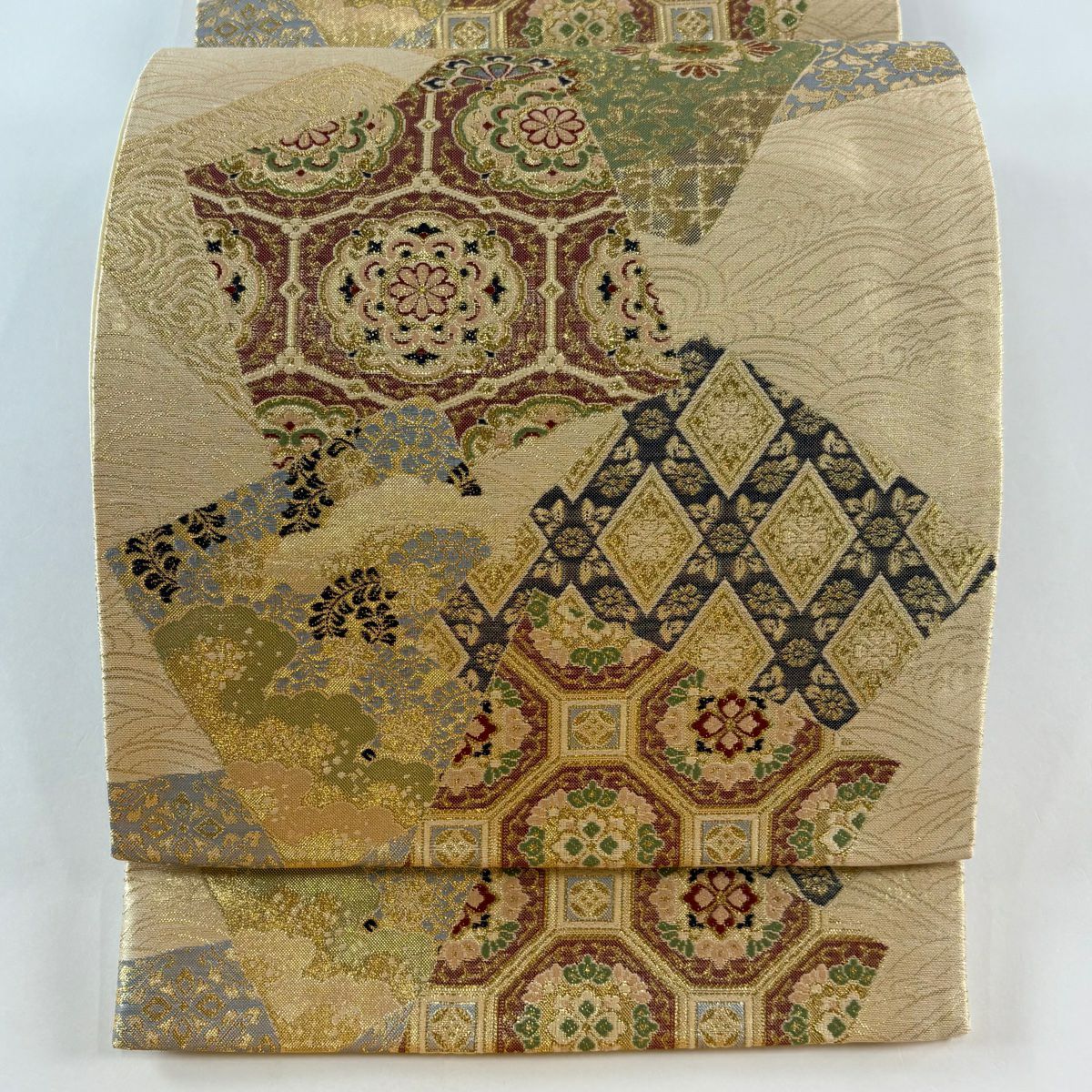 【美品】 袋帶 秀品級 色紙 華紋 金絲 金金箔 金色 六通 純蠶絲