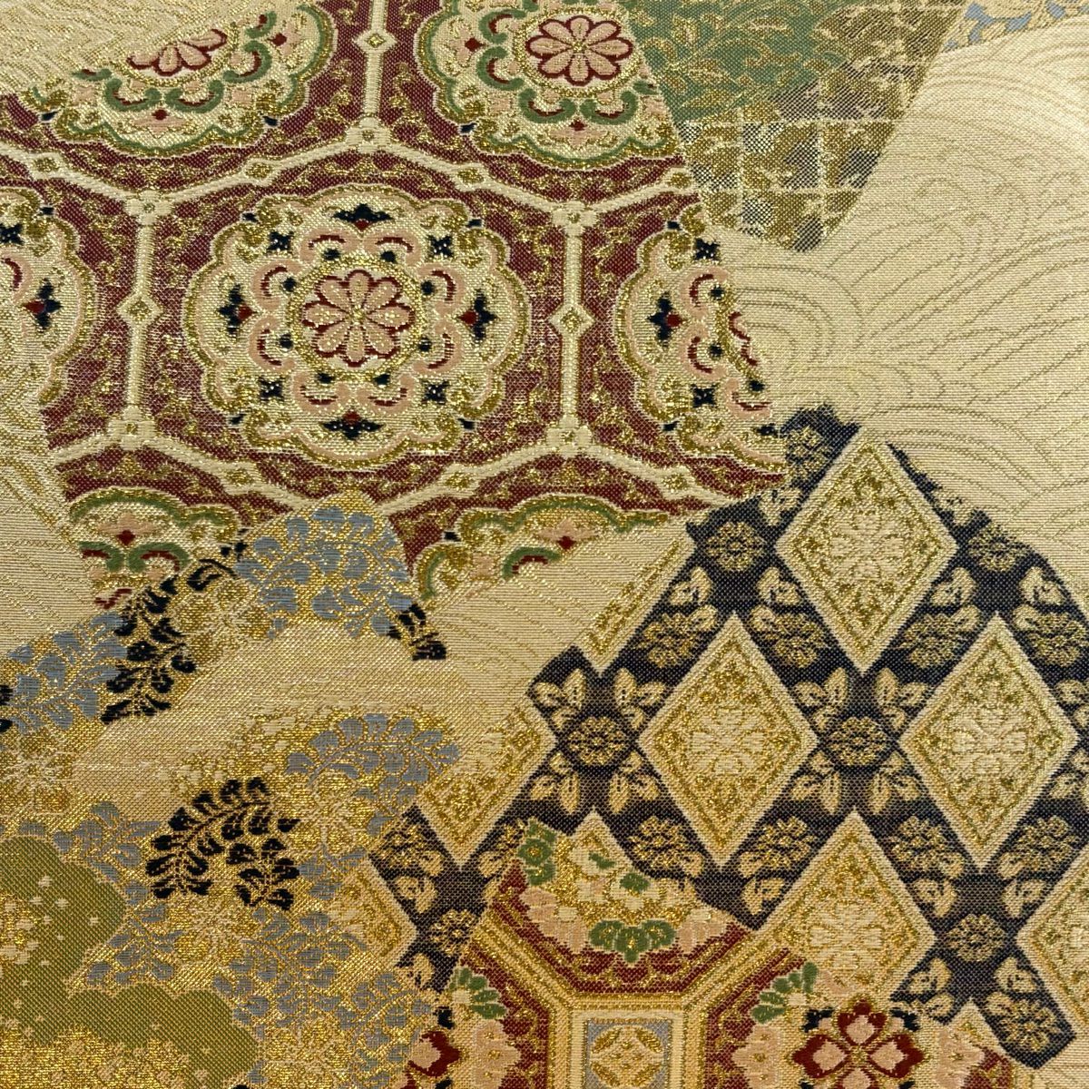 【美品】 袋帶 秀品級 色紙 華紋 金絲 金金箔 金色 六通 純蠶絲