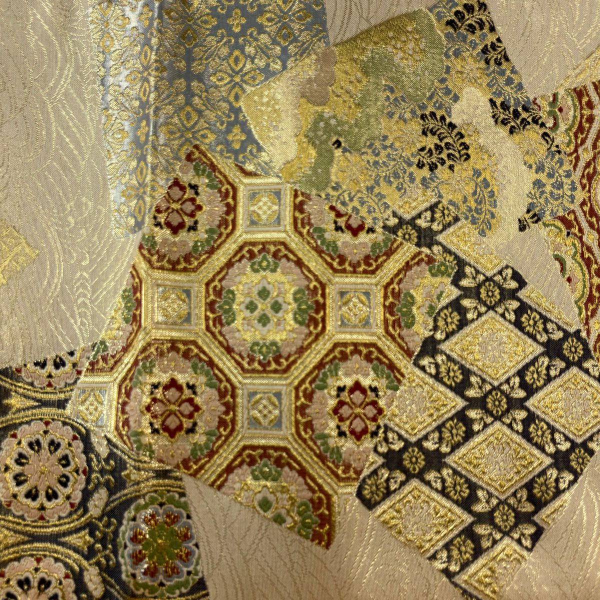 【美品】 袋帶 秀品級 色紙 華紋 金絲 金金箔 金色 六通 純蠶絲