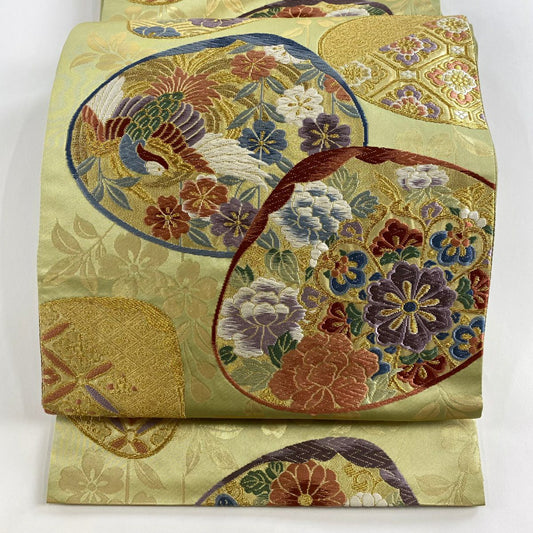 袋帶 秀品級 貝合花鳥 金絲 唐織 薄綠 六通 純蠶絲