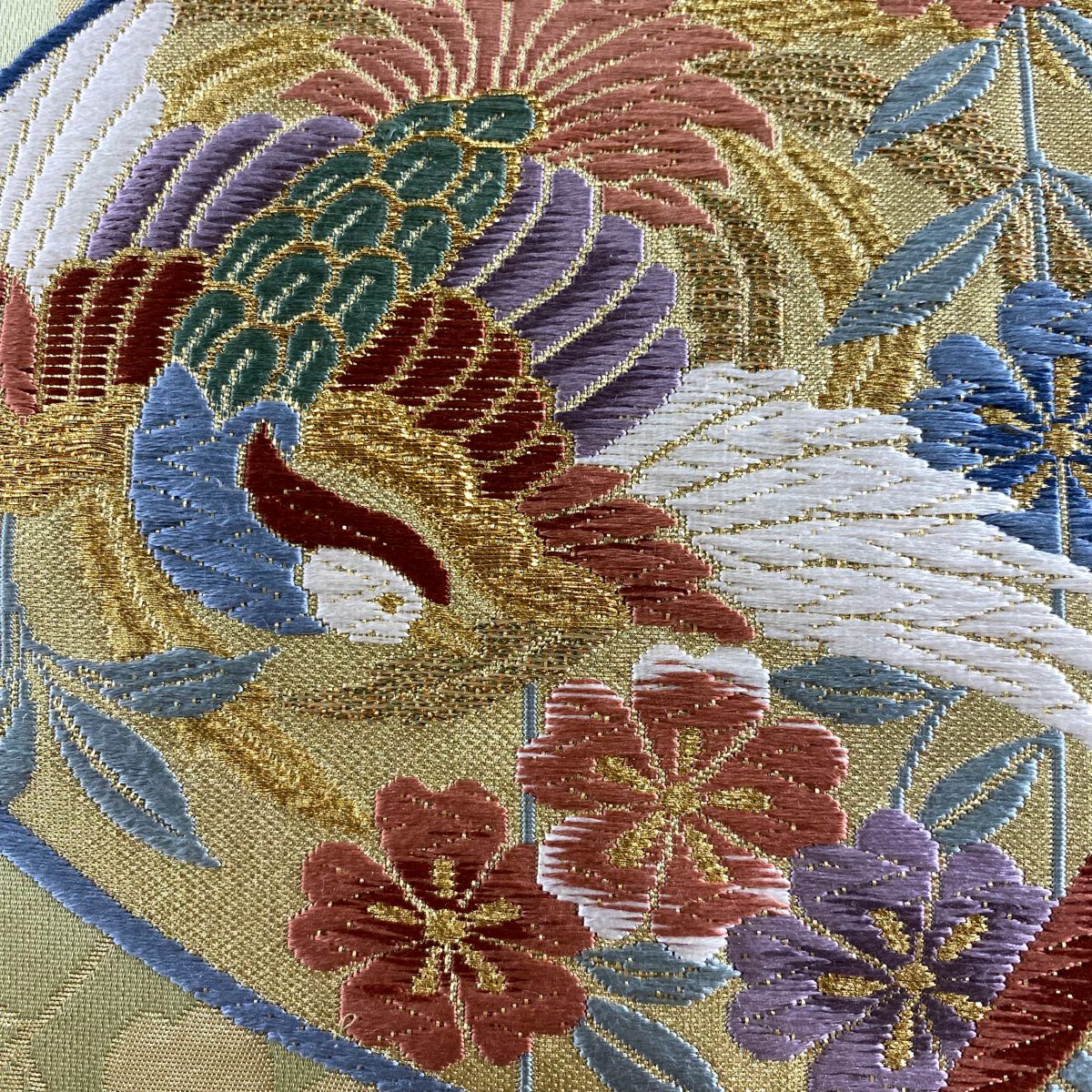 袋帶 秀品級 貝合花鳥 金絲 唐織 薄綠 六通 純蠶絲