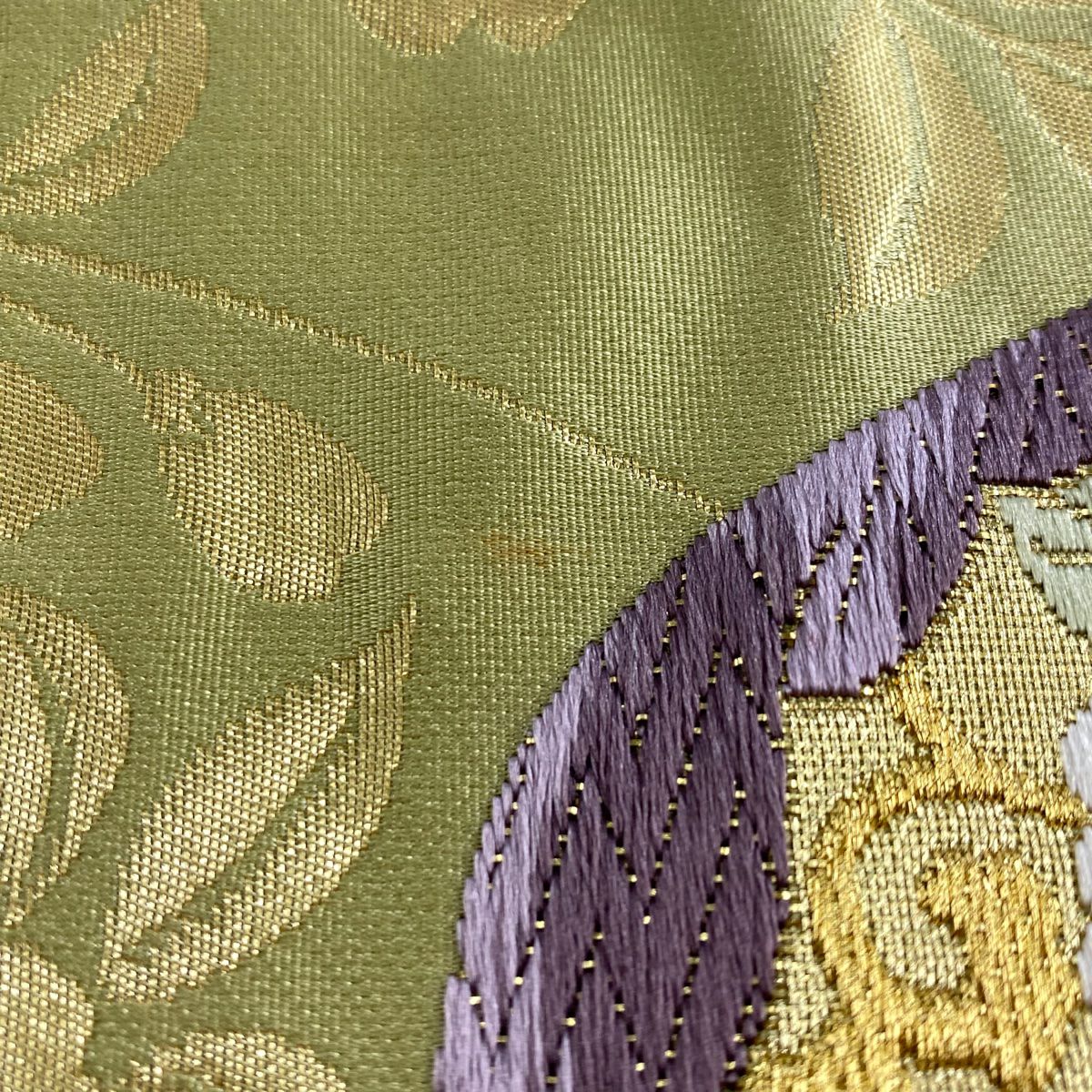 袋帶 秀品級 貝合花鳥 金絲 唐織 薄綠 六通 純蠶絲