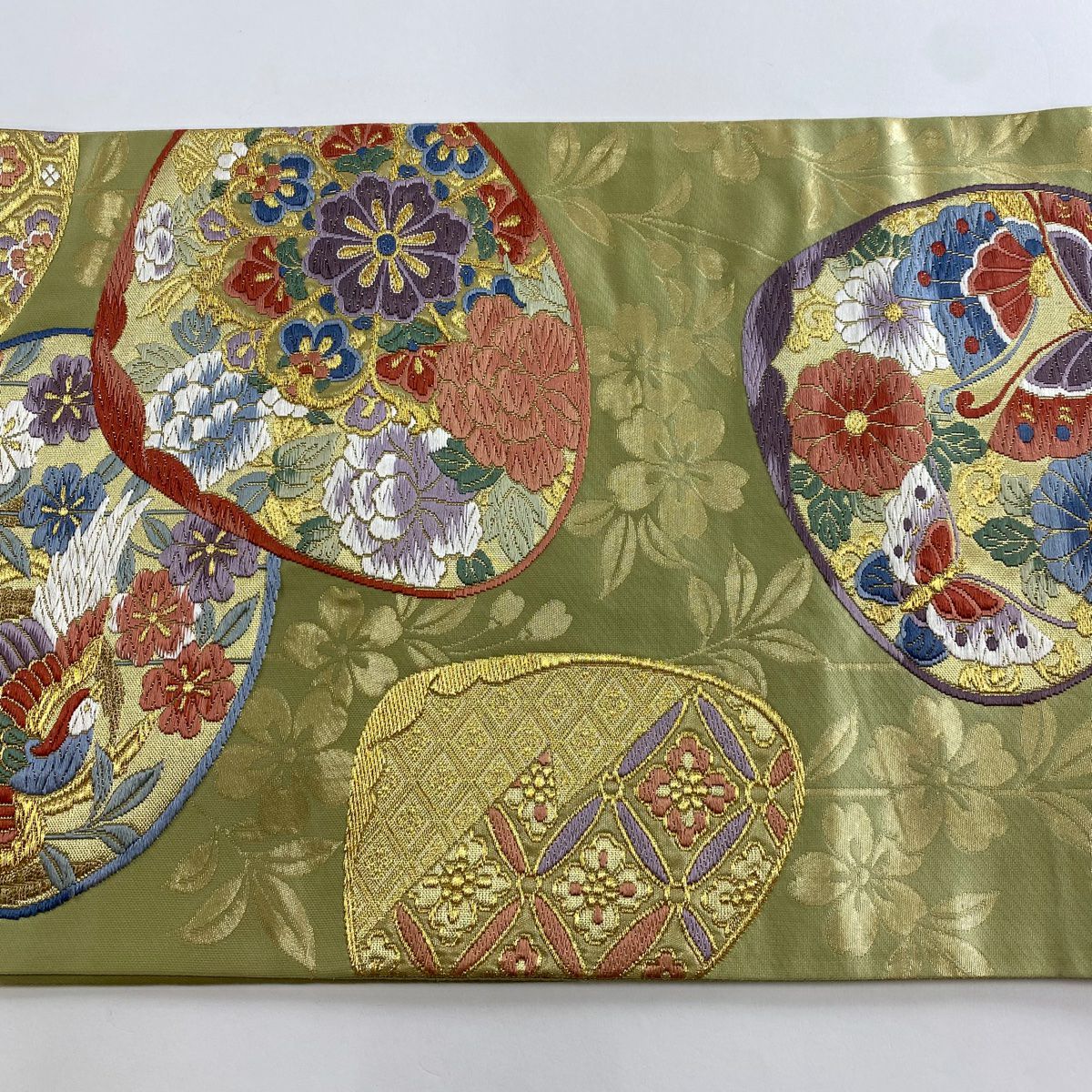 袋帶 秀品級 貝合花鳥 金絲 唐織 薄綠 六通 純蠶絲