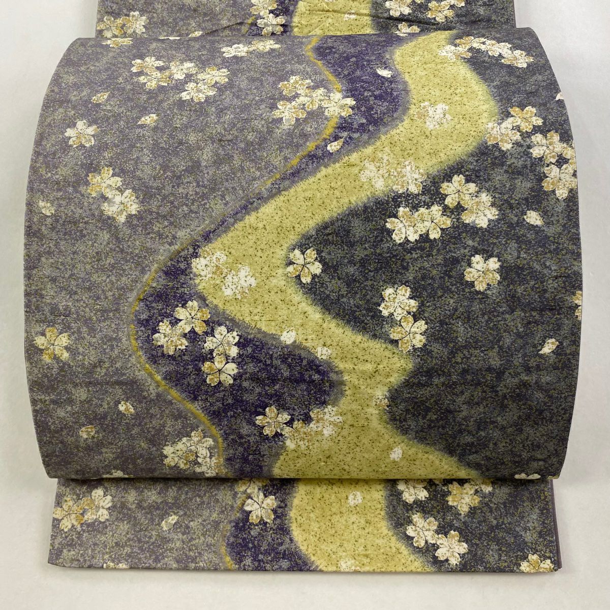 【美品】 袋帶 逸品級 落款 牛首紬織織地 櫻花 流水 金銀彩 灰紫 全通 純蠶絲