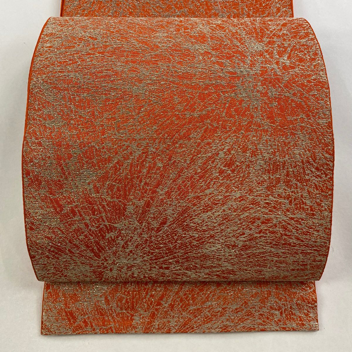 【美品】 袋帶 逸品級 龍村平藏 落款あり 菊花揉錦 銀糸 金金箔 橙色 六通 純蠶絲