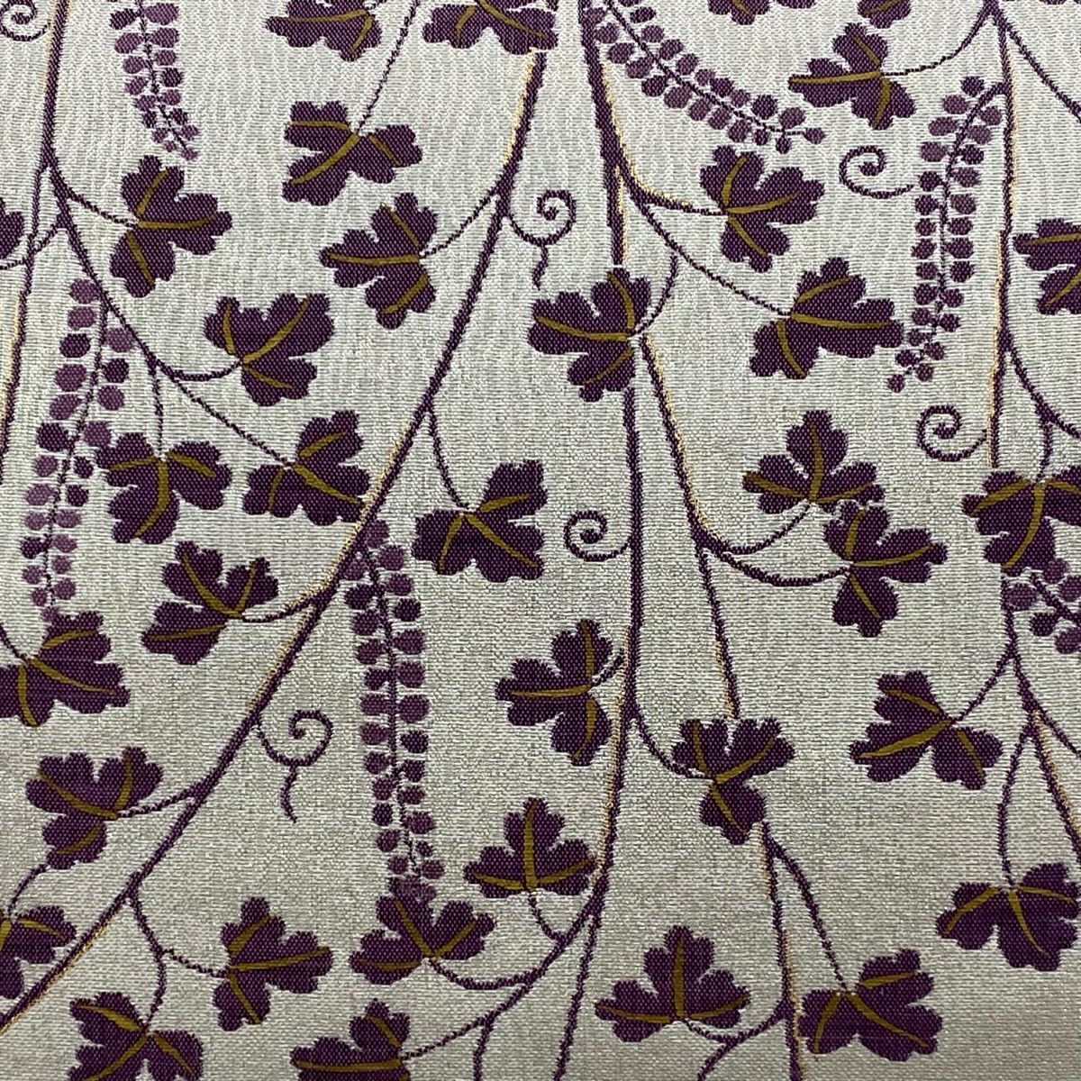 袋帶 逸品級 帝王紫 附有落款 立樹文樣更紗 金絲 金金箔 奶油色 大鼓圖案 純蠶絲