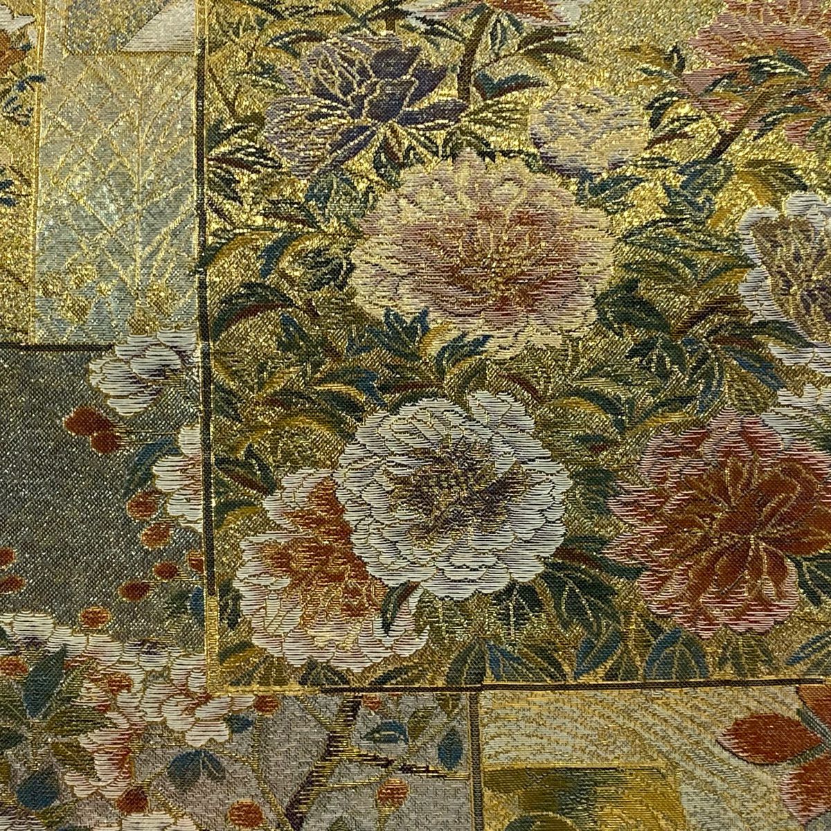 【美品】 袋帶 逸品級 近代花鳥畫 短冊 金金箔 金色 大鼓圖案 純蠶絲