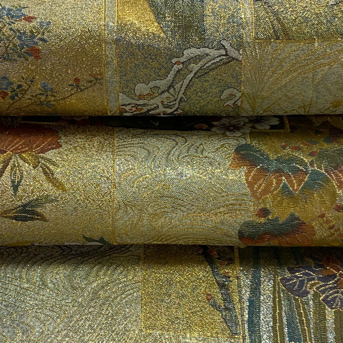 【美品】 袋帶 逸品級 近代花鳥畫 短冊 金金箔 金色 大鼓圖案 純蠶絲