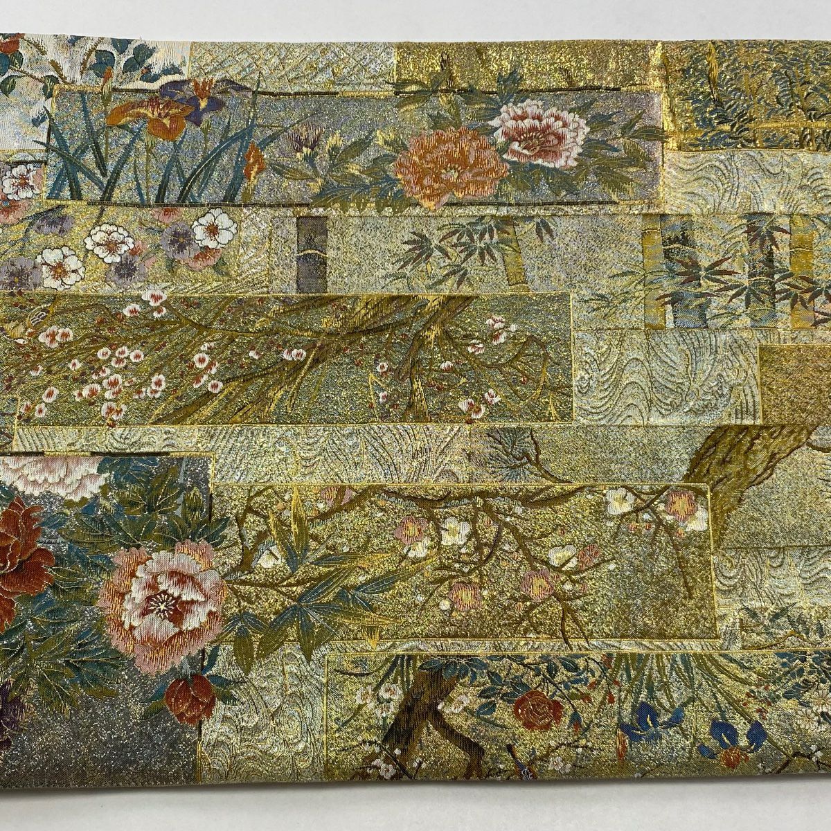 【美品】 袋帶 逸品級 近代花鳥畫 短冊 金金箔 金色 大鼓圖案 純蠶絲