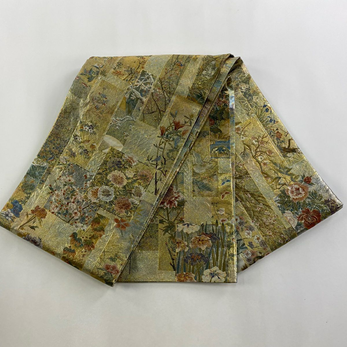 【美品】 袋帶 逸品級 近代花鳥畫 短冊 金金箔 金色 大鼓圖案 純蠶絲