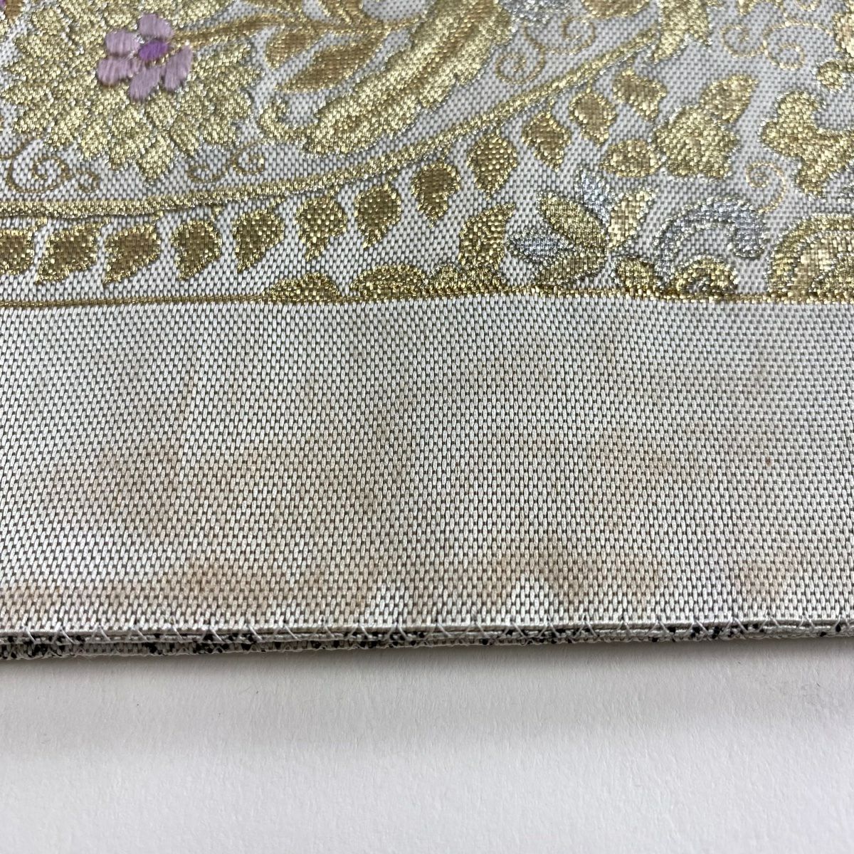 【庫存清倉】 袋帶 名品級 紹巴 草花紋紋 佩斯利紋 金銀彩 金金箔 灰白色 大鼓紋 純蠶絲