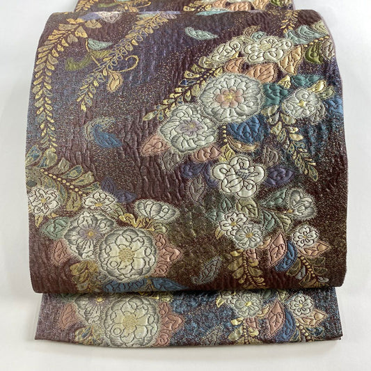 【美品】 袋帶 名品級 大和 辻花染 金金箔 紫 六通 純蠶絲
