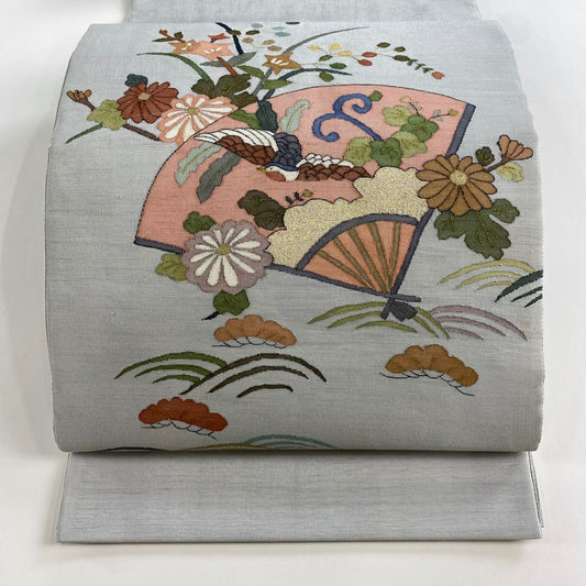【庫存清倉】 袋帶 名品級 扇子花鳥 金絲 綴織 灰白 大鼓圖案 純蠶絲