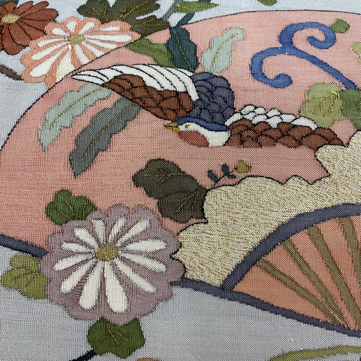 【庫存清倉】 袋帶 名品級 扇子花鳥 金絲 綴織 灰白 大鼓圖案 純蠶絲