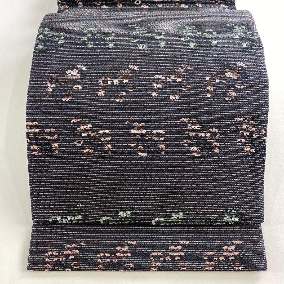 【美品】 袋帶 名品級 草花紋紋 銀線 青黑 六通 純蠶絲