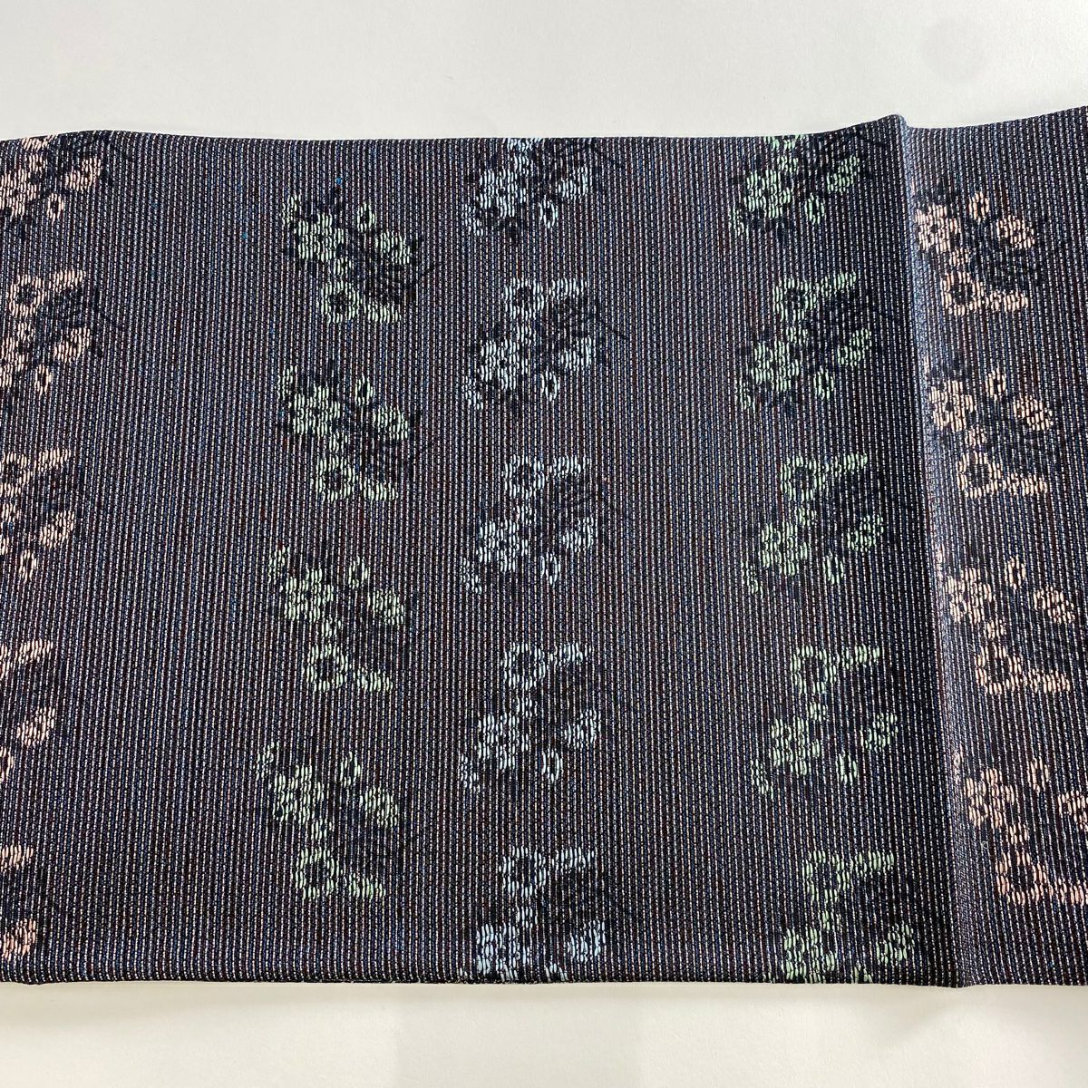 【美品】 袋帶 名品級 草花紋紋 銀線 青黑 六通 純蠶絲