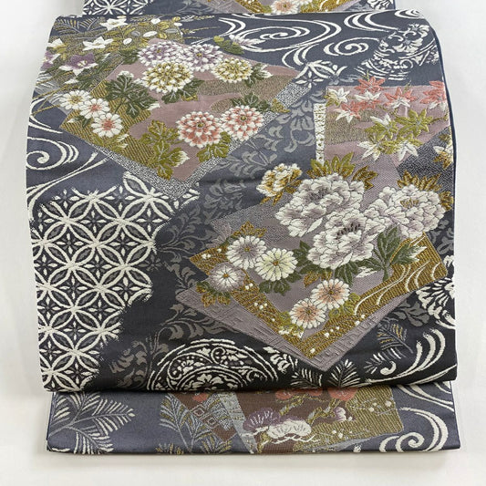 【美品】 袋帶 名品級 新小石丸 草花紋紋 流水 金糸 金金箔 灰色 六通 純蠶絲