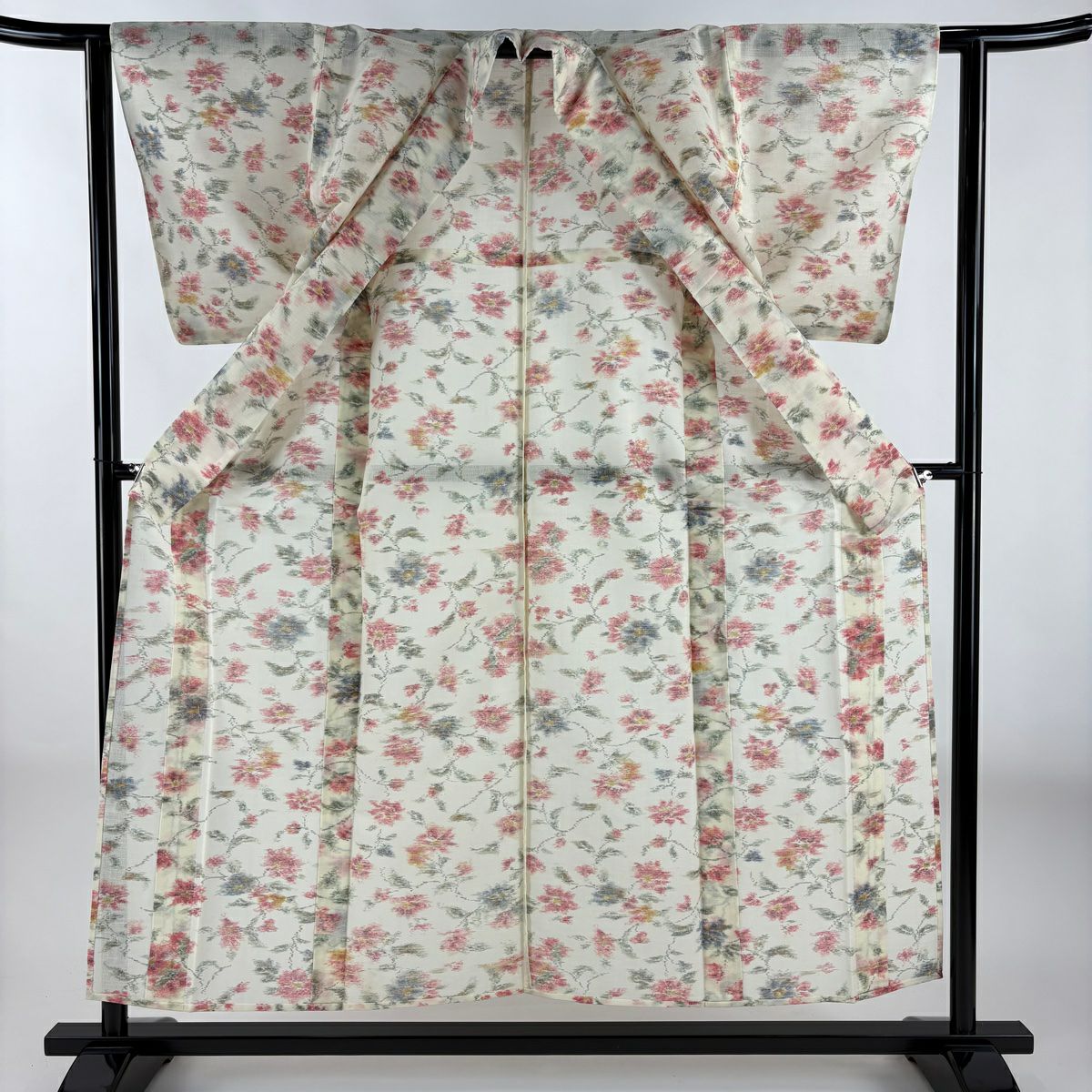 紬織 身長154.5cm 袖長61cm S 薄物 夏紬織 草花紋紋 奶油色 純蠶絲 優品級