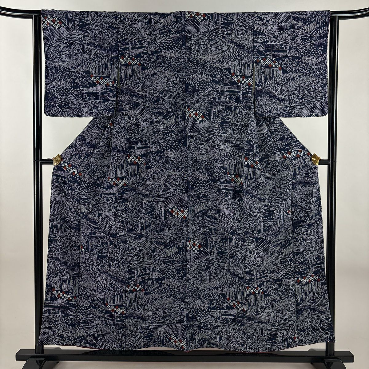 【美品】 小紋 身長154.5cm 袖長63cm S 雙層 人物 草花紋紋 絞染 深藍 純蠶絲 優品級