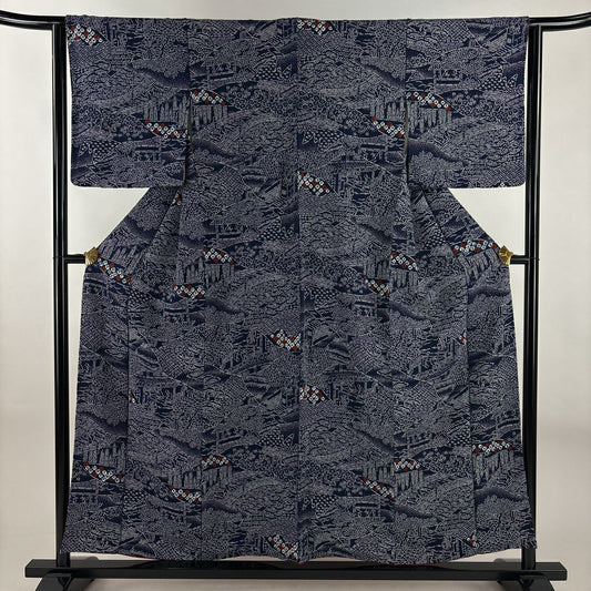 【美品】 小紋 身長154.5cm 袖長63cm S 雙層 人物 草花紋紋 絞染 深藍 純蠶絲 優品級