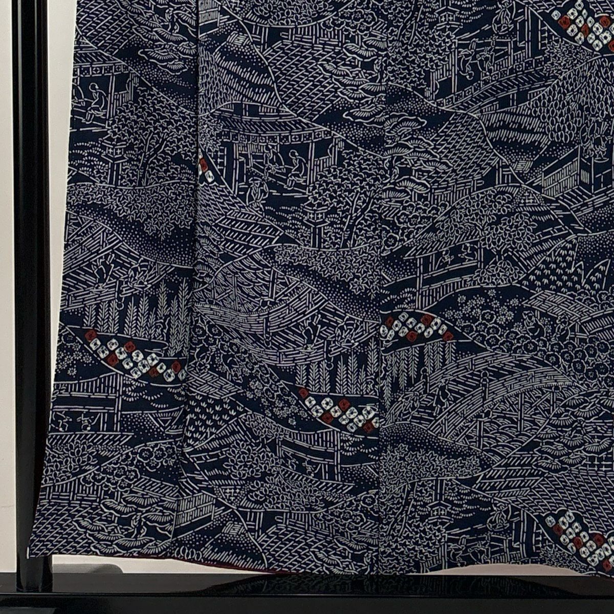 【美品】 小紋 身長154.5cm 袖長63cm S 雙層 人物 草花紋紋 絞染 深藍 純蠶絲 優品級