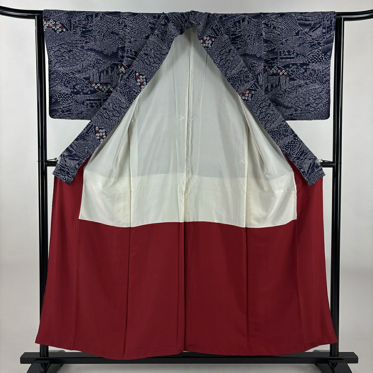 【美品】 小紋 身長154.5cm 袖長63cm S 雙層 人物 草花紋紋 絞染 深藍 純蠶絲 優品級