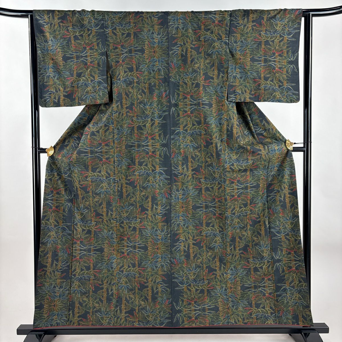 【美品】 紬織 身長157.5cm 袖長64cm M 雙層 笹 深綠 純蠶絲 優品級